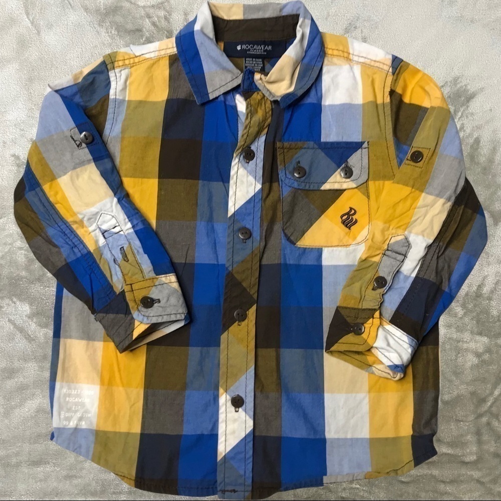 Rocawear Classic Buffalo Plaid Button Down Dress Shirt Toddler 3T Blue Yellow